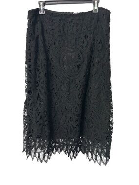 Laura Ashley Black Crochet 100% Cotton Lace Elastic Waist Midi Skirt Size XL